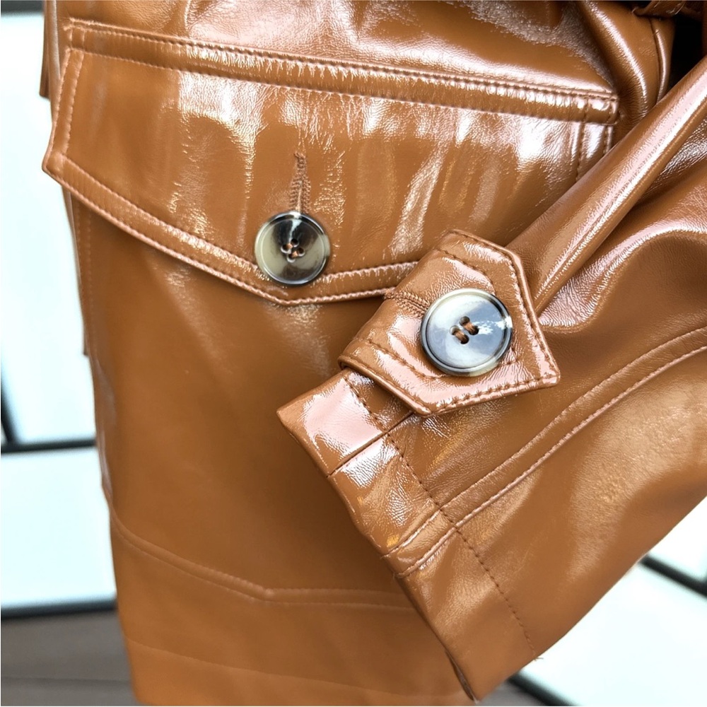 Topshop Women Casey Brown Belted Glossy High Impact Button Front Vegan Jacket - Picture 10 of 15